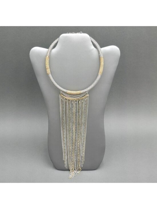Unbranded Jewelry - Vintage Two Tone Metal Mesh Collar Necklace Gold Silver Waterfall Fringe Choker